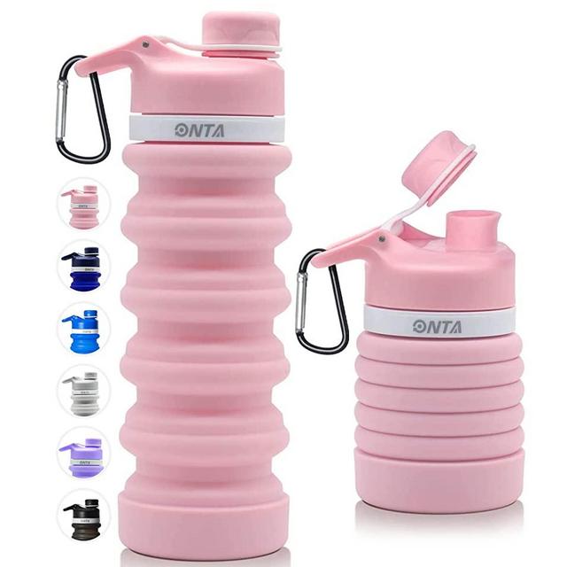 ONTA Collapsible Water Bottle- BPA Free Silicone Foldable Water Bottle for Travel,Silicone Portable Leak-Proof Travel Water Bottle 20oz, pink