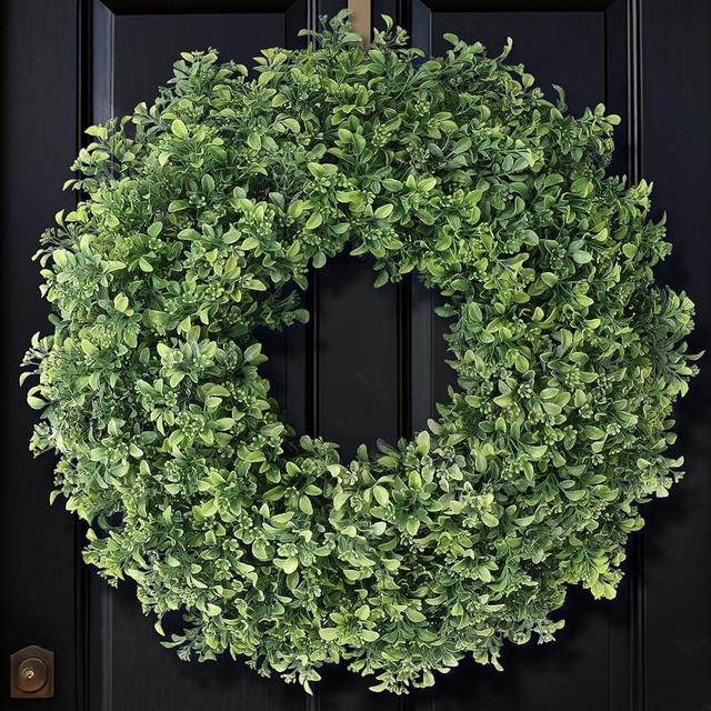 26" Artificial Boxwood Wreath for Front Door - Large Faux Aglaia Odorata Wreath, Fake Eucalyptus Leaves Plants for Wall Window Farmhouse Outdoor Decor - Spring, Summer, All Seasons (Green)
