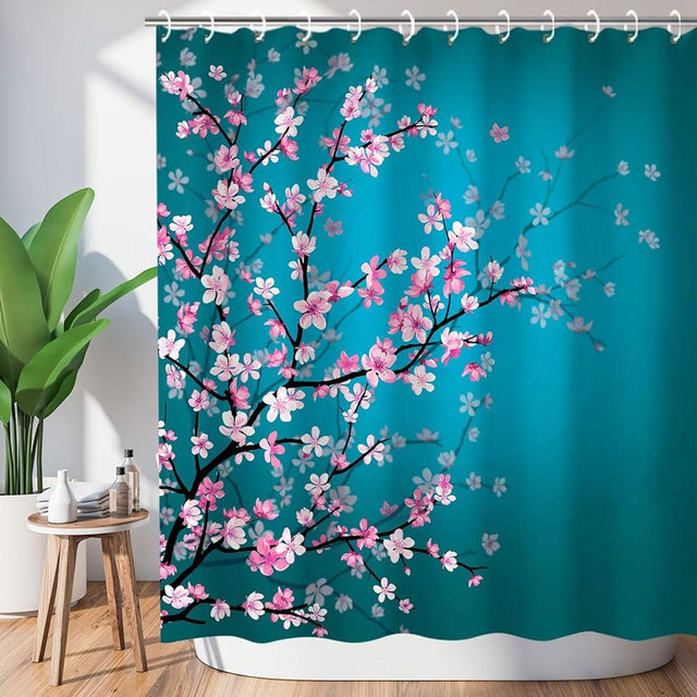 LIVILAN Cherry Blossom Shower Curtain Japanese Shower Curtain Floral Sakura Plum Blossom Flower Shower Curtains with 12 Hooks Teal Blue and Pink Pretty Shower Curtain, 72" W x 72" H