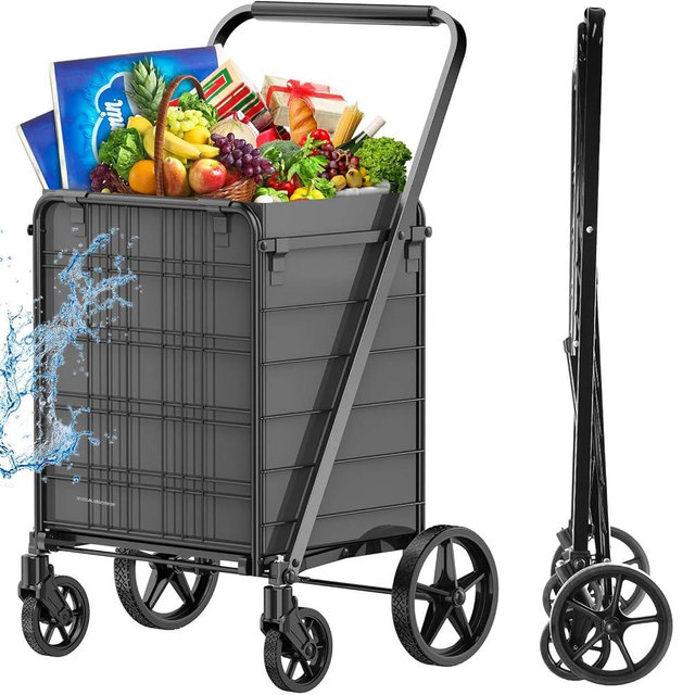 [Upgrade] Shopping Cart for Groceries, 280 LBS Large Grocery Cart with Waterproof Liner, 360° Rolling Swivel Wheels, Heavy Duty Utility Cart Folding Shopping Carts for Laundry Luggage Gift