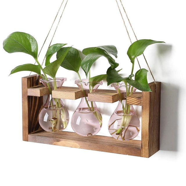 Plant Propagation Station Plant Terrarium Unique Birthday Gifts for Women Home Office Decor Planter with Wooden Stand - 3 Bulb Glass Vase