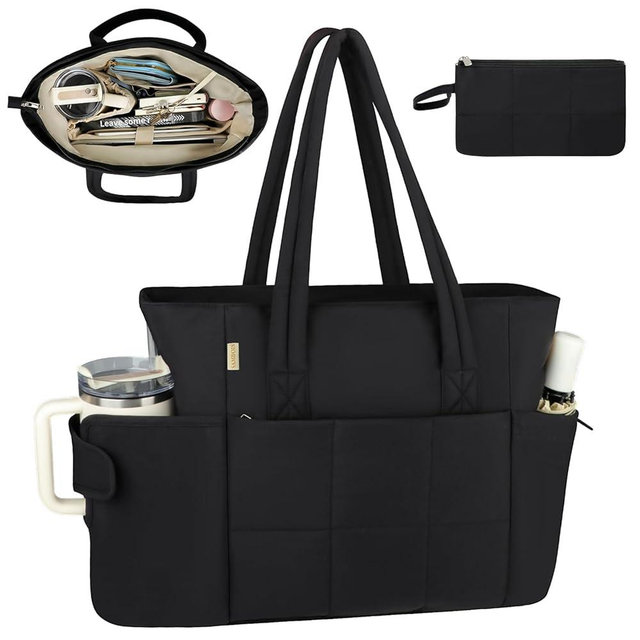 Sambois Puffer Tote Bag with Large Cup Holder& 15.6 Inch Laptop Compartment, Lightweight Puffy Work Bag with Water Bottle Pocket, Large Laptop Tote with Clutch Purse for Women Teacher Nurse (Black)
