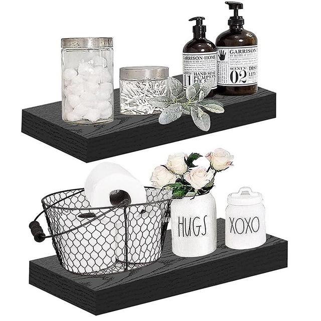 QEEIG Black Floating Shelves for Bathroom Wall Shelf Bedroom Kitchen Living Room Mounted Shelving Set of 2 Small Modern Shelfs 16 inches Long (008-40B)