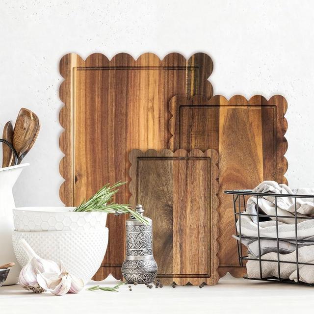 3 Pcs Acacia Wood Scalloped Cutting Boards Set, Decorative Cutting Boards Wooden Charcuterie Board for Grandmillenial Cottagecore Kitchen Decor Cheese Meat Fruit Bread Chopping Blocks (Classic Style)