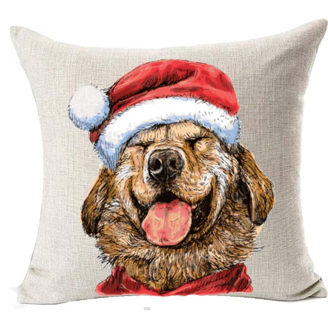 Rdsfhsp Christmas Throw Pillow Cover Happy Golden Retriever Red Santa Hat Dog Style Linen Square Pillowcase Home Decor Cushion for Sofa Bed Chair Couch Two Sides Print 18x18 Inch