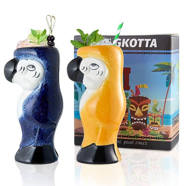 SUN GKOTTA Tiki Mugs Cocktail Set of 2 - Large Ceramic Tiki Cups,Tiki Glasses Cute Exotic Cocktail Glasses,Hawaiian Tiki MugTiki Mug