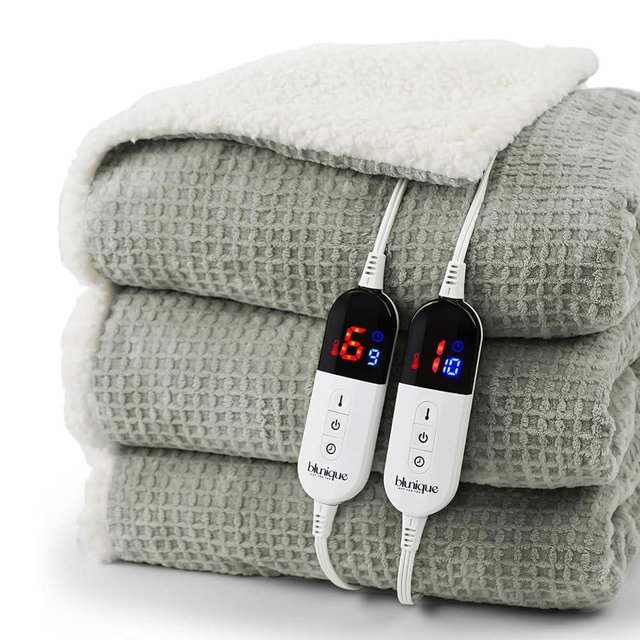 blunique Heated Blanket Electric Blanket King Waffle, 90x100 Inches Dual Controllers Sherpa Fleece Fast Heating Blanket 6 Heating Levels & 10 Hours Auto Off ETL Certification, Grey King
