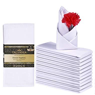 Talvania Cloth Dinner Napkins - 12 Pack Luxuriously Soft & Hotel Quality Cotton Napkins, Brilliant Crystal White Fabric Napkins (18” X 18”) Perfect for Events, Hotel & Home Use