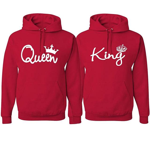 King Queen Classic Script Love Cute Wife Husband Gift His and Hers Matching Couples Hoodie Sweatshirts Set, Red, Mens L-Womens L