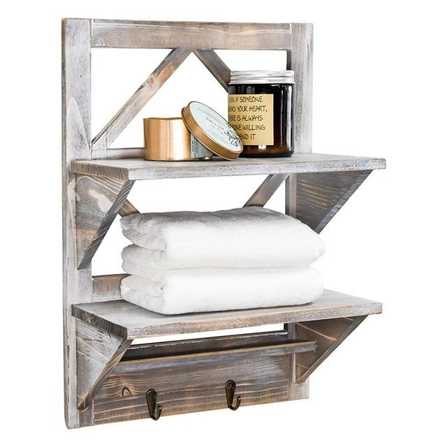 Rustic 2-Tier Bathroom Shelves, Wall Mounted Bathroom Storage Rack, Farmhouse Shower Shelf Towel Rack with 2 Hooks, Wall Hanging Towel Storage Shelf Holder, Wood Wall Shelves with Towel Bar