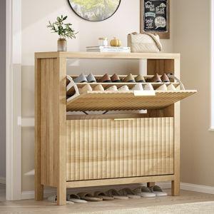 Shoe Cabinet Storage for Entryway, Fluted Shoe Cabinet with 2 Flip Drawers, Hidden Shoe Rack Tall Freestanding Shoe Organizer with Legs for Hallway, Oak