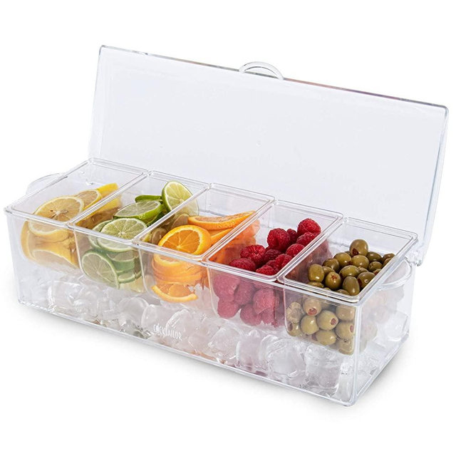 Chilled Bar Top Food & Condiment Dispenser, 5 Tray - Iced Cooled Garnish Station Serving, Bartending, Nacho & Taco Bars, Sundae Bar & Salad Prep - Topping Organizer, Restaurant Supplies & Accessories