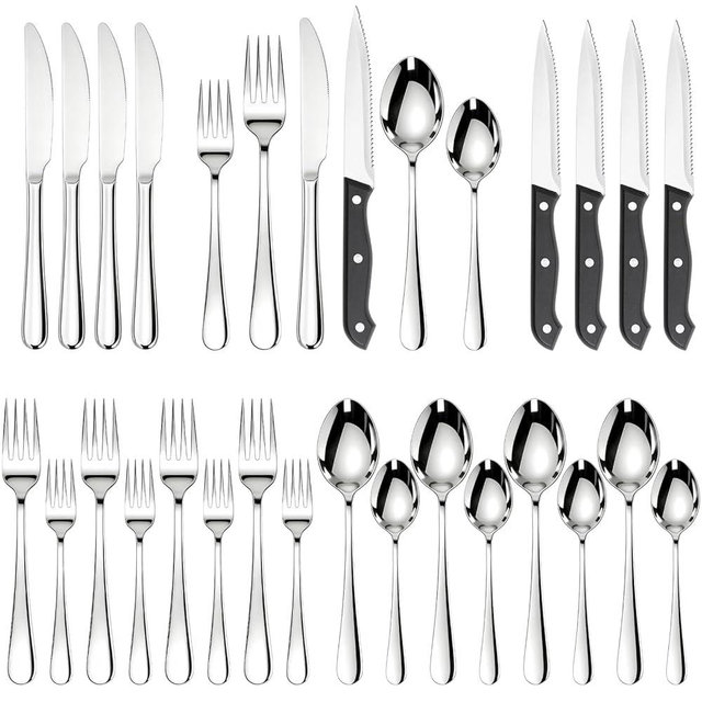 Astercook Silverware Set with Steak Knives 24-Piece Flatware Set for 4 Food-Grade Stainless Steel Cutlery Set Mirror Polished Utensils Set Include Spoons and Forks for Home Kitchen Restaurant