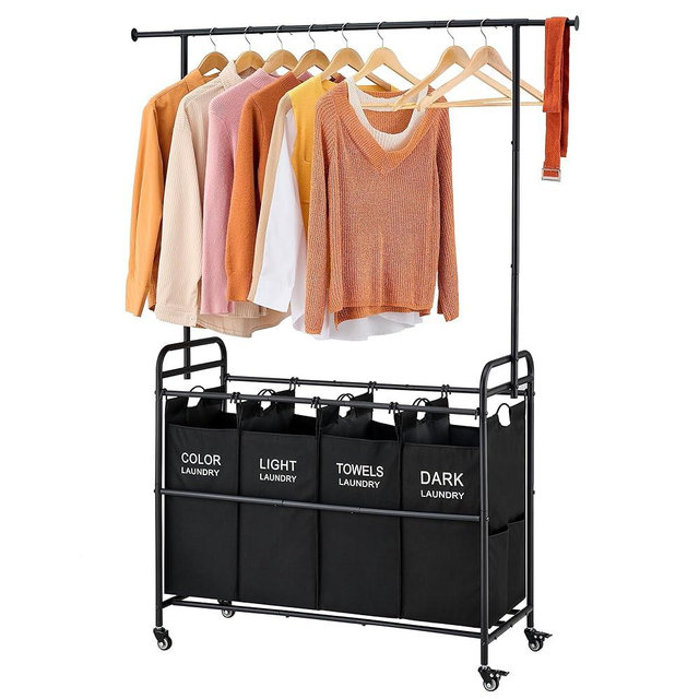 Tajsoon Laundry Sorter Cart with Hanging Clothes Rack, 4 Butler Sorter Basket Organizer, Laundry Hamper Cart with Heavy Duty Rolling Lockable Wheels,Black