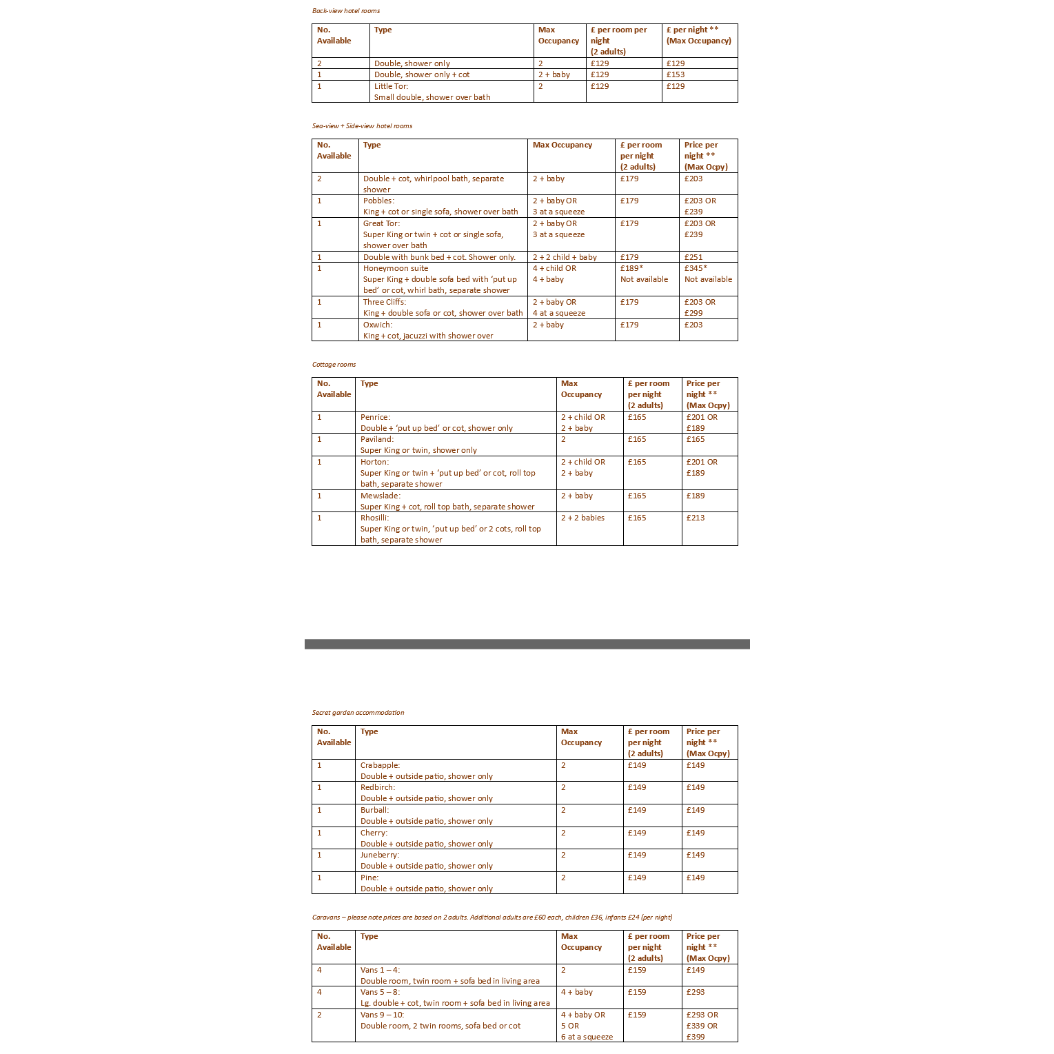 Hotel prices based on 2 adults p/room. **Additional adults are £60 ea, children £36, infants £24 (p.night)
---
Sorry about the resolution. If you're struggling to read details, we can send you a pdf!