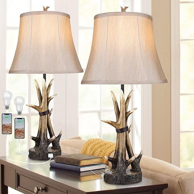 Rustic Table Lamps for Living Room Set of 2, Farmhouse Resin Antler Bell Western Bedside Lamp for Bedroom with 2 USB Charging Port, 3-Way Dimmable Nightstand Lamps with Shade Decor for Home Office