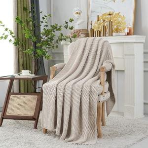 Beige Chunky Cable Knit Throw Blanket