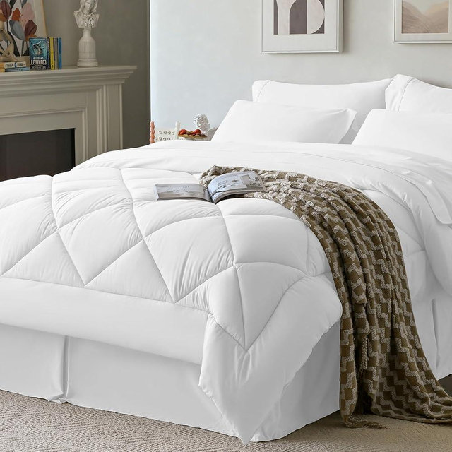 Newspin Queen Comforter Set White - Bed in a Bag Queen Size 8 Pieces, All Season Bed Set, Fluffy Comforter Set with Sheets, Sheet Set Quilt Blanket, Pillowcases & Shams & Bed Skirt