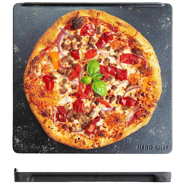 NerdChef Speed Steel - High Performance Pizza Baking Stone | Integrated Backstop & Handles | Heating Fins (13.5" x 14.5" x .90" Thick)