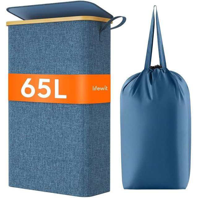Lifewit 65L Slim Laundry Hamper with Lid, Narrow Laundry Basket with Removable Bag & Bamboo Handles, Fodable Thin Dirty Clothes Hamper for Laundry Collapsible Bin for Bathroom Bedroom Dorm, Dark Blue