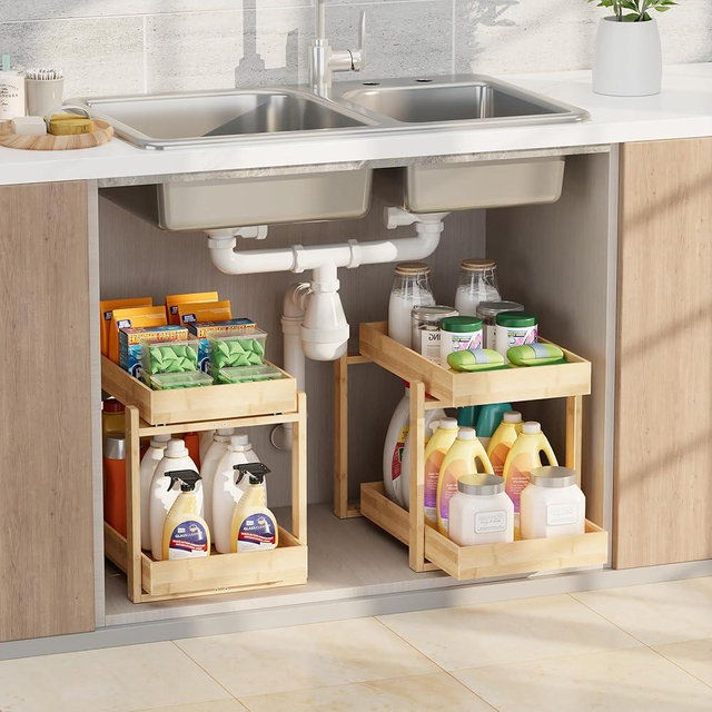 APRTAT 2 Pack Under Sink Organizer, Bamboo Wooden 2-Tier Pull-Out Storage with Sliding Drawers for Kitchen and Bathroom Cabinets, Easy Installation (Natural)