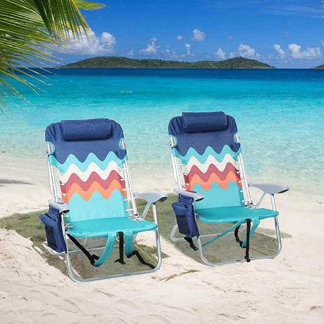 LET'S CAMP Backpack Beach Chair Set of 2, 4-Position Classic Lay Flat, Pillow and Padded Shoulder Straps, Storage Pouch and Tower Bar, Support 250LBS, Wave