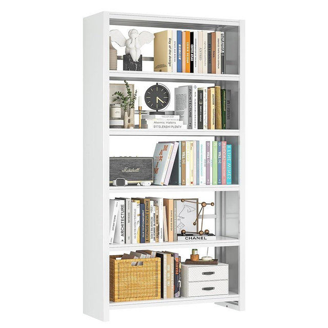 RGGCABINET Metal Bookshelf, 5-Tier White Bookcase, 69.3" Tall Book Shelf, Modern Storage Display Shelves for Bedroom, Living Room, Office, School & Kitchen