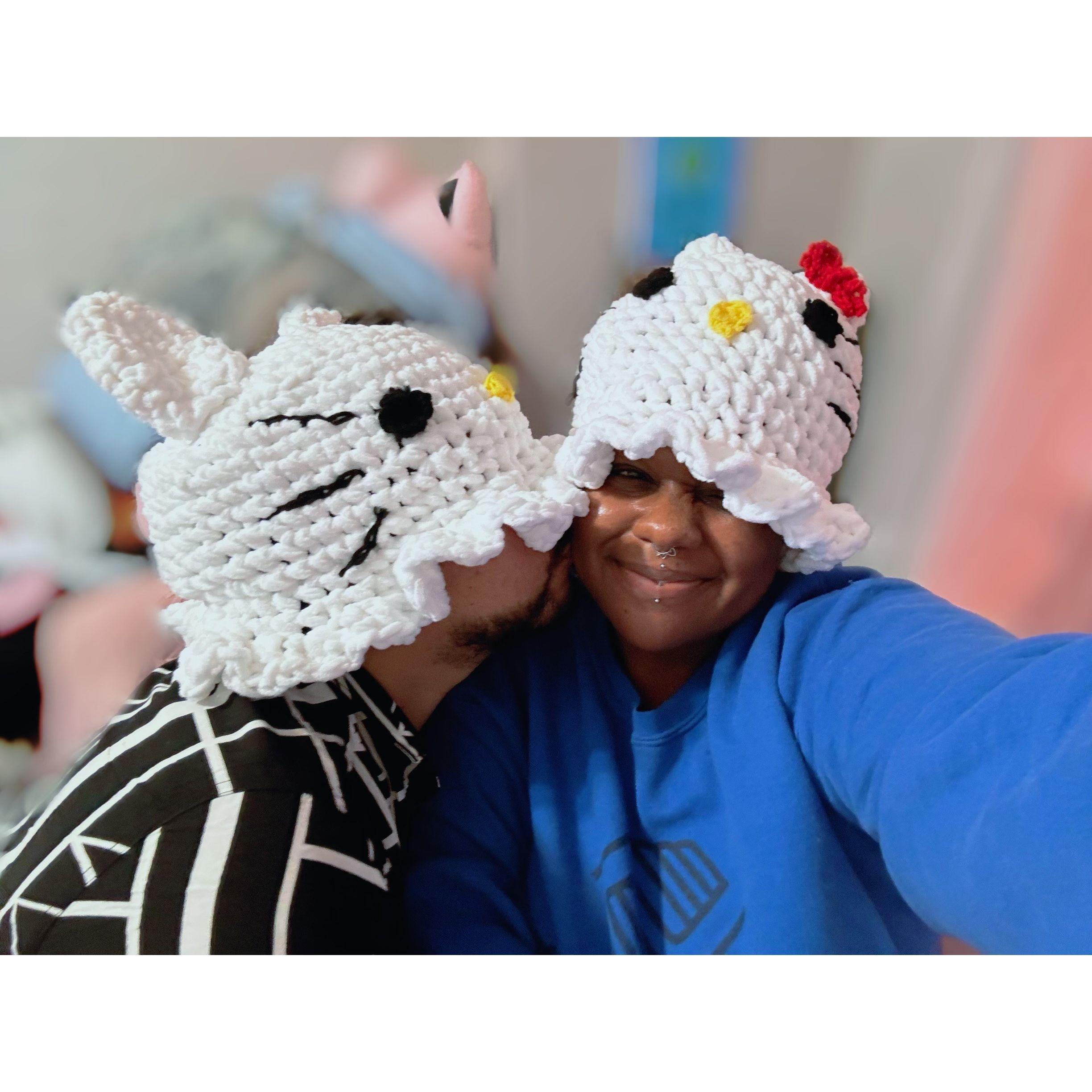 Dejandra's youngest sister made us Hello Kitty hats