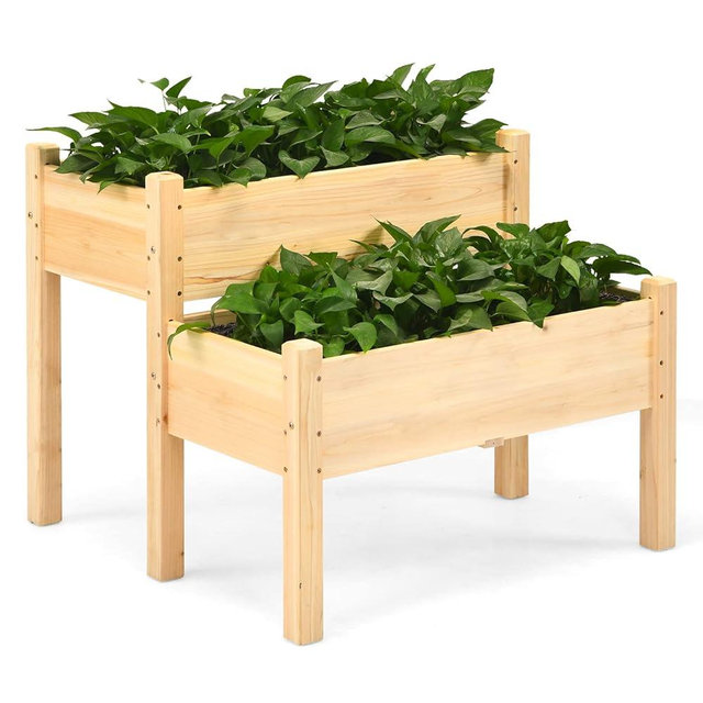 RELAX4LIFE 2-Tier Raised Garden Bed - Fir Wood Garden Elevated Planter Box with Legs, 8 Drainage Holes,220 Capacity for Growing Vegetable, Elevated Garden Bed for Outdoor Yard Patio Balcony (Natural)