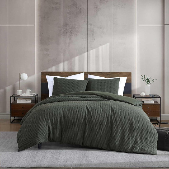 Kenneth Cole - Duvet Cover King Size, Ultra-Soft Waffle Textured Bedding w/Matching Pillowcases, 3 Piece Bed Sets (Solid Green)