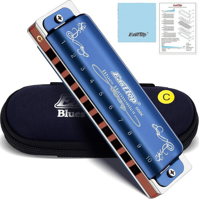 East top Harmonica Key of C, 10 Holes 008K Diatonic Blues Harp Mouth Organ with Blue Case, Standard Harmonica For Adults, Professionals, Beginners and Students, as a Gift