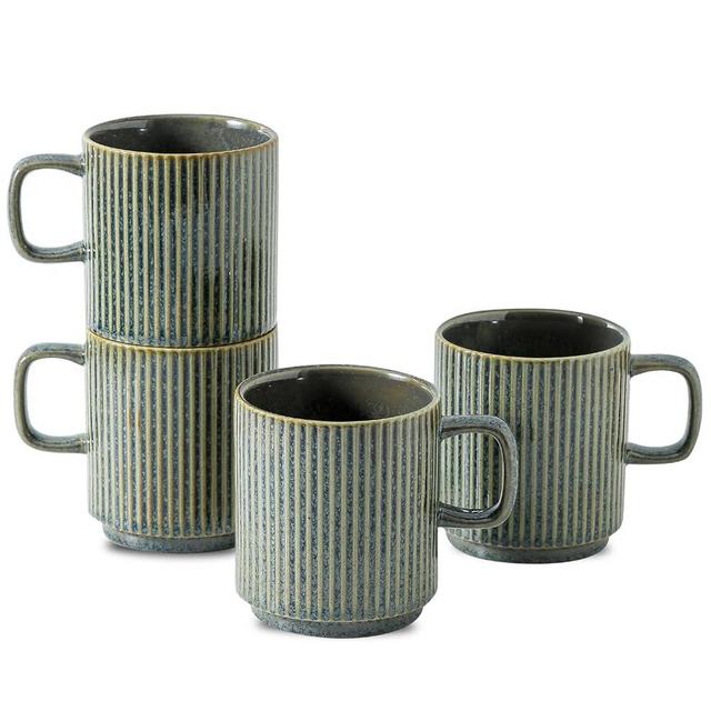 Seyatoo Coffee Mugs Set of 4, Ceramic Ribbed Tea Coffee Cups with Handle, Large Porcelain Mug for Americano, Latte, Cappuccino, Hot Chocolate, Green