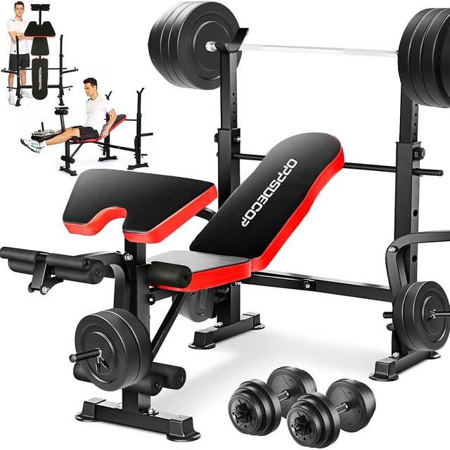OPPSDECOR 6 in 1 660lbs Weight Bench with Leg Extension and Leg Curl, Foldable Bench Press Set and Squat Barbell Rack with Preacher Curl, Adjustable Workout Bench for Home Gym Strength Training PXZXYX1