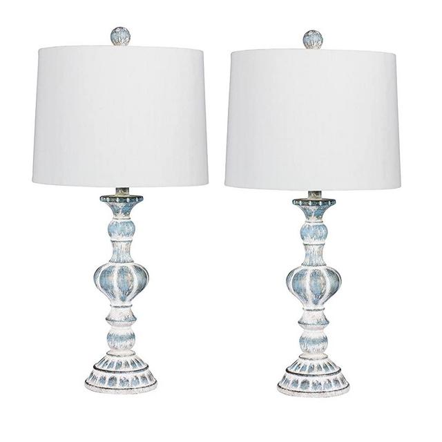 Cory Martin W-6238CABL-2PK Fangio Lighting's #6238CABL-2PK Pair of 26.5 in. Distressed, Sculpted Candlestick Resin Table Lamps in a Cottage Antique Blue Finish, 2 Piece