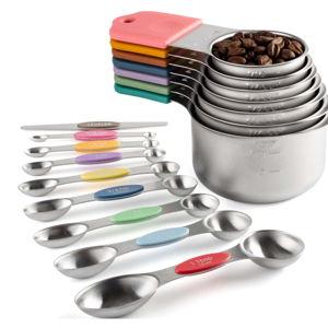 Magnetic Measuring Cups and Spoons Set Including 7 Stainless Steel Heavy Duty Measuring Cup 8 Double Sided Measuring Spoons with 1 Leveler for Dry and Liquid Ingredients (Color)