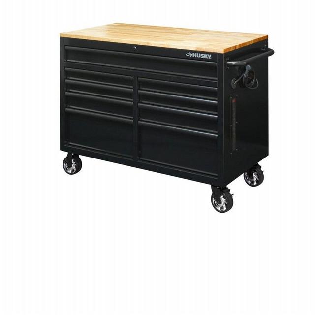 46 in. W x 24.5 in. D 9-Drawer Mobile Workbench with Solid Wood Top in All Black Finish