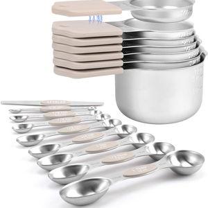 Magnetic Measuring Cups and Spoons Set-Heavy Duty 304 Stainless Steel - Khaki