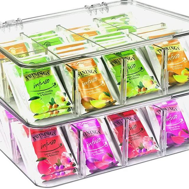 Utopia Home (2 Pack) Tea Bag Organizer - Stackable Tea Bag Storage Organizer with Clear Top Lid- Tea bag holder For Counter tops, Kitchen Cabinets, Pantry, Sweeteners (Clear)
