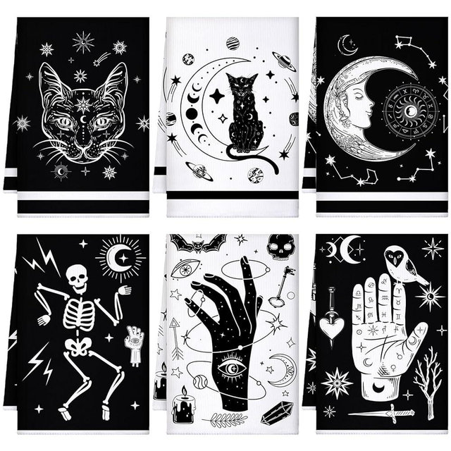 Bencailor 6 Pcs Blue Gold Marble Kitchen Towels Turquoise Navy Summer Dish Towels 24 x 16'' Gothic Hand Towels Moon Sun Star Witchy Tea Towel Astrology Tarot Cloth(Black, White, Moon Cat Star)