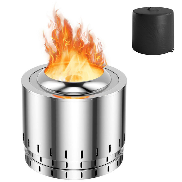 Costway 19.5" Smokeless Fire Pit Stainless Steel Wood Burning Firepit w/ Rain Cover