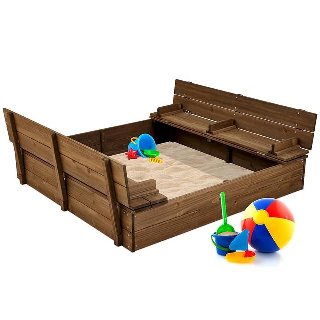 Best Choice Products Kids' Outdoor Wooden Sandbox Large, Cedar Wood with Foldable Bench Seats and Sand Protection, Bottom Liner Included - Walnut