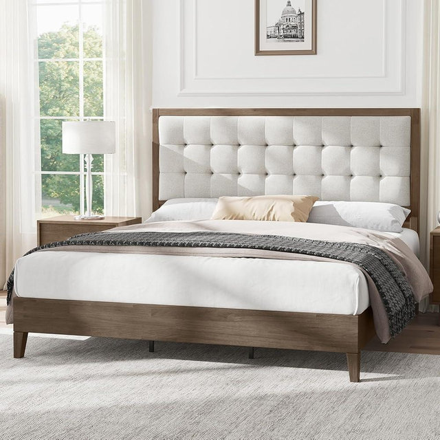 AMERLIFE Queen Size Solid Wood Bed Frame with Tufted Headboard, Mid-Century Style, No Box Spring Required, Easy Assembly, Ash Gray