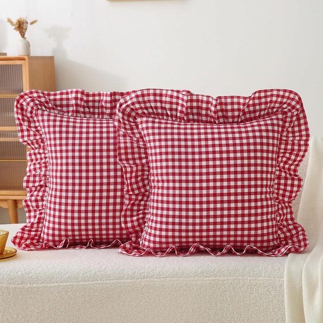 Jilboo 2 Pack 18 x18 inches Red/White Checkered Throw Pillow Covers 100% Washed Cotton Vintage Ruffle Trim Decorative Gingham Pillowcases with Zipper Closure for Bed/Living Room