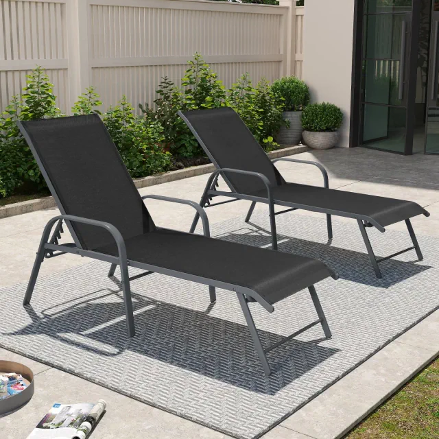 Crestlive Products Aluminum Outdoor Chaise Lounge Chairs Set of 2 6-Level Backrest With Armrests Black