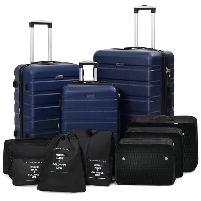 Kromax Lightweight 3 Piece Hardshell Luggage Set, Expandable, TSA Lock, 8 Packing Organizers, Reinforced Telescopic Handle, 360 Wheels, Blue