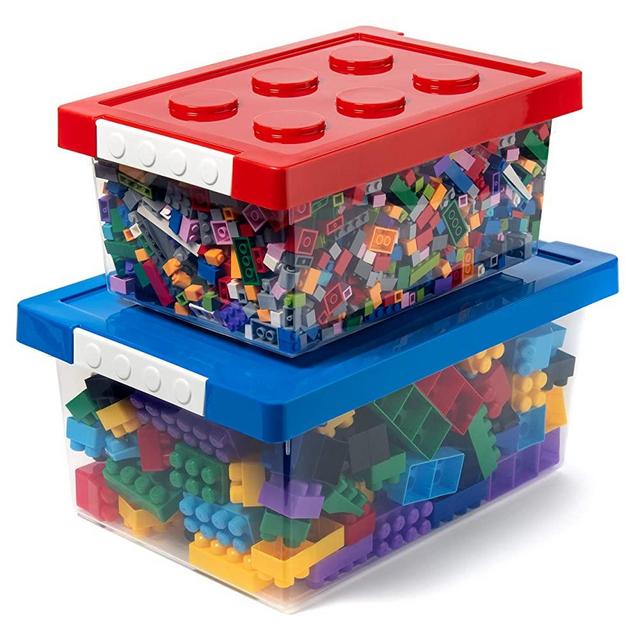 ASH BRAND Toy Organizer Set of 2 Large and Small Brick Shaped Storage Containers for Building Brick Storage, Small Dolls, Bricks Toys, Small Kids Toys - Plastic Kids Toy Chest