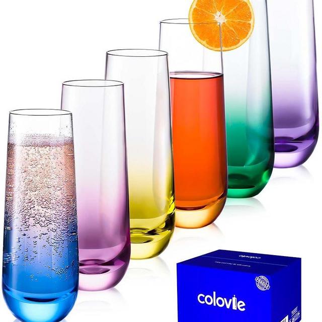 ColoVie Stemless Champagne Flutes Set of 6- Colored Champagne Glasses- Wedding Toasting Glass- Bridesmaid Gift- Mimosa Wine Flute Prosecco Cava- Crystal Bar Glassware- Birthday Cocktail Party, 9.6oz