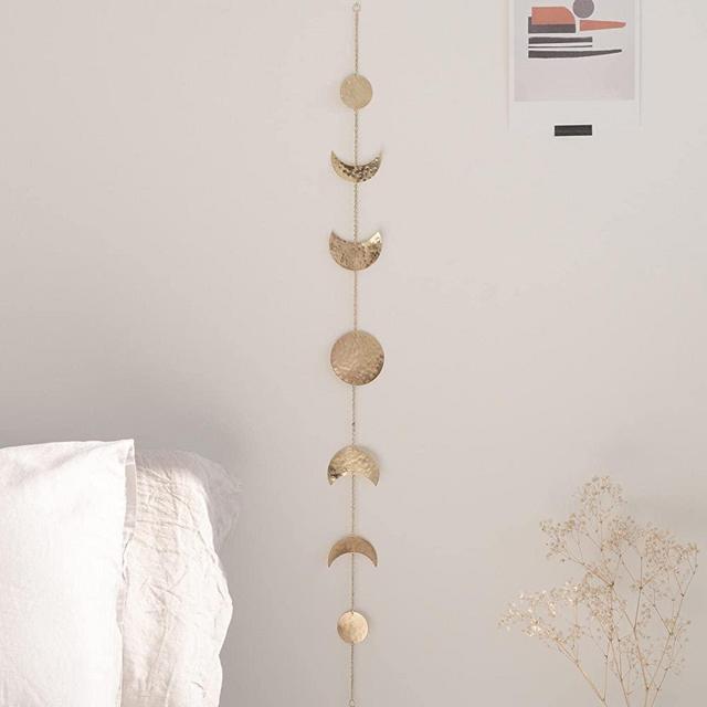 Moon Phase Wall Hanging [Handmade Hammered Gold Metal 7 Moons 34" Banner] Phases of the Moon, Celestial Lunar Decorative Wall Art, Bohemian Aesthetic, Christmas Boho Decor for Living Room Girl Gift