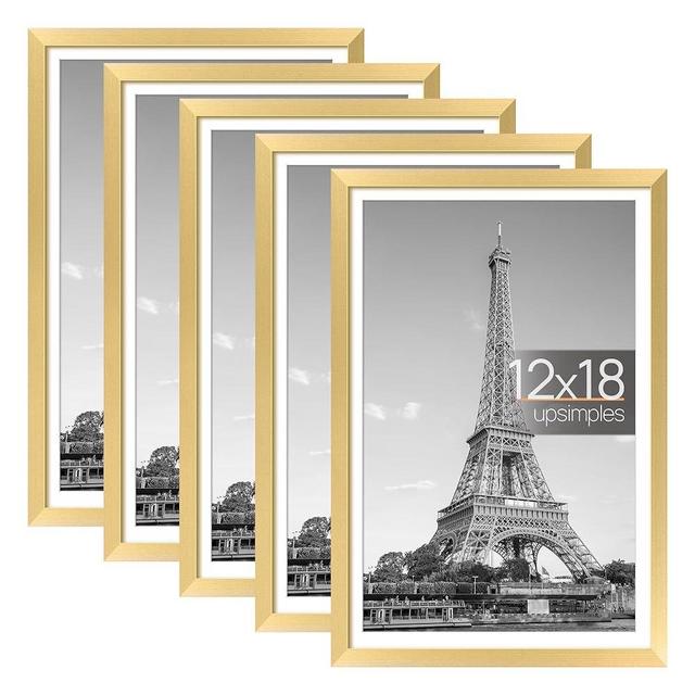 upsimples 12x18 Picture Frame Set of 5, Display Pictures 11x17 with Mat or 12x18 Without Mat, Wall Gallery Photo Frames, Gold