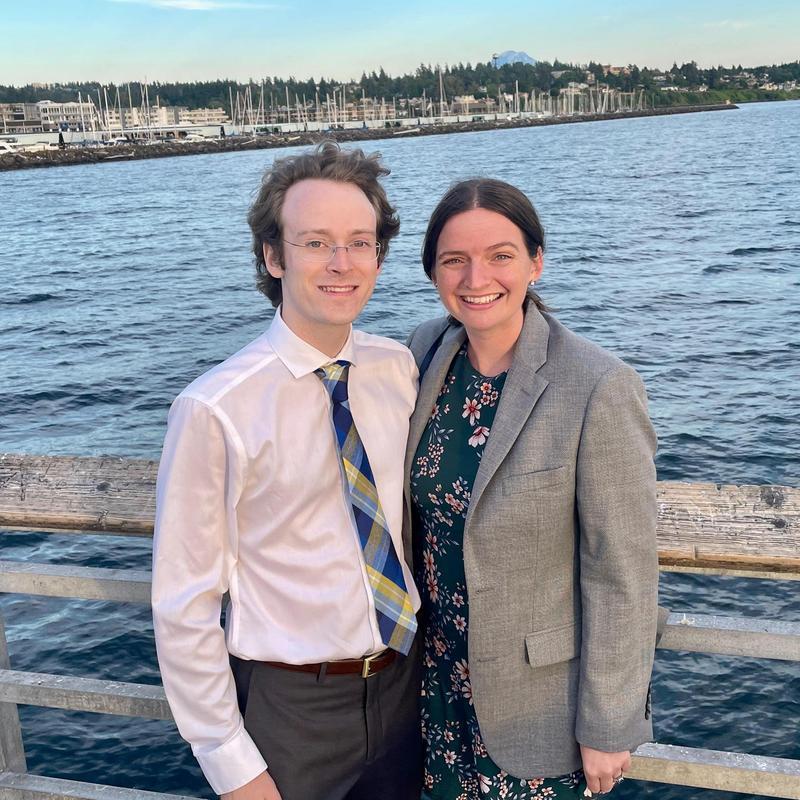 After a fancy dinner in Seattle. Note Allen's favorite volcano in the background.